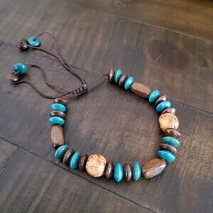 Wooden Bead Stacked Slide Bracelet Brown Turquoise